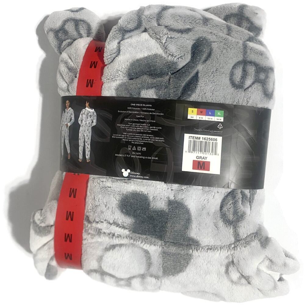Disney Mickey and Minnie One Piece Pajama Hooded Gray Size Medium NEW - Picture 2 of 9